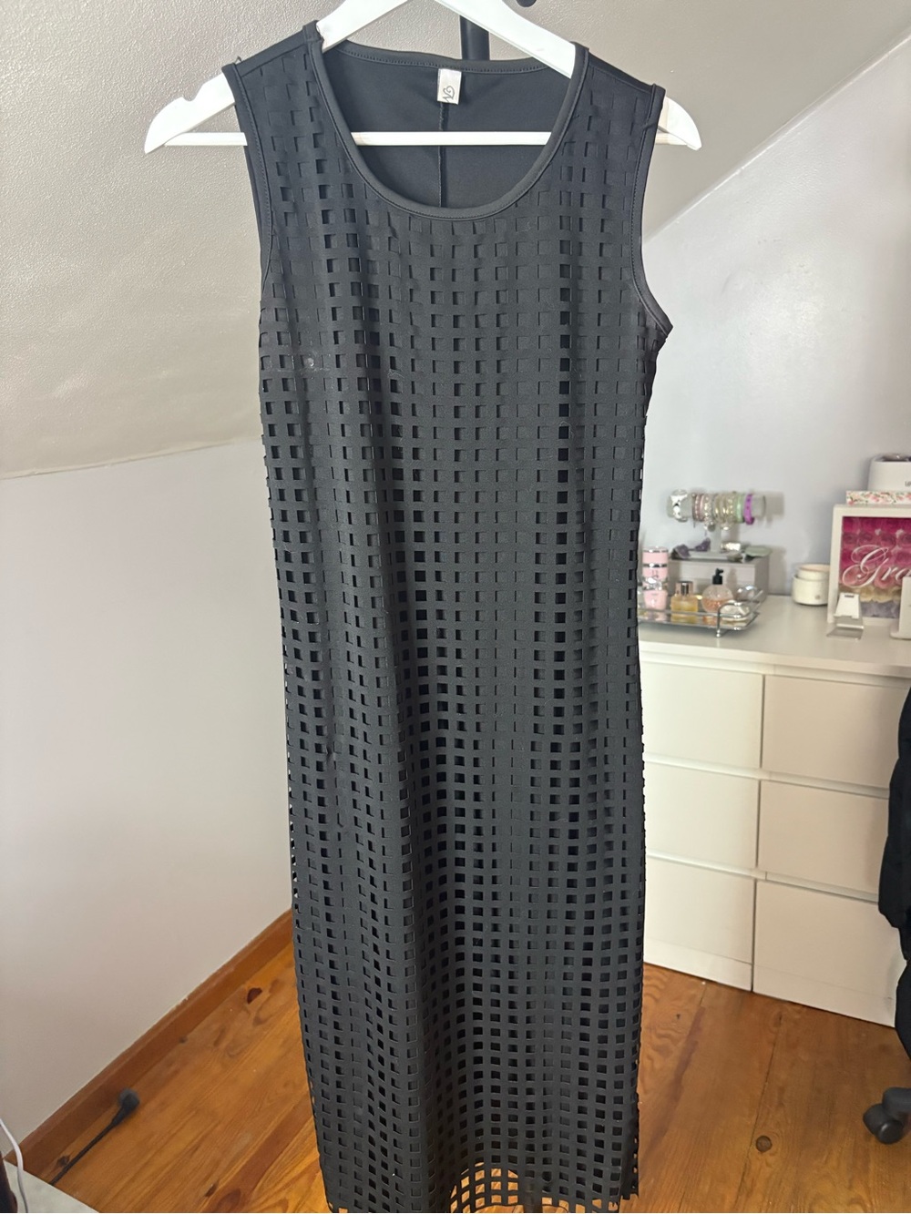 mine Black Sleeveless Midi Dress with Grid Cutout Overlay